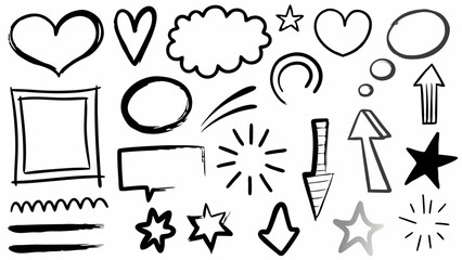 Editable Doodle Icon Vector Set, Hand-Drawn Shapes and Arrows Pack, Mixed Color and Black Doodle Elements, Sketch Style Vector Shapes for Design, Crayon and Marker Scribble Icons, Heart and Bubbles
