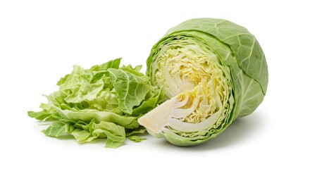 Fototapeta premium Cabbage Brassica Oleracea Displaying Fresh Leafy Green Texture And Cut Slice On White Background Perfect For Product Mockup