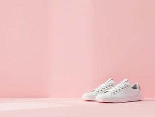 Minimalist Fashion Photo of White Sneakers on Pastel Pink Background with Soft Shadows

