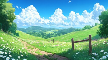 Fototapeta premium Serene green hill landscape tranquil summer nature scene for websites and advertising