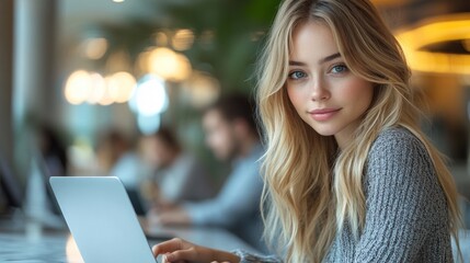 Blonde Woman Working on Laptop in Cafe