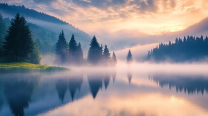 Fototapeta premium Misty morning landscape of lacu rosu lake with dense fog and calm water at sunrise in harghita county, romania, serene summer nature scene in eastern europe 