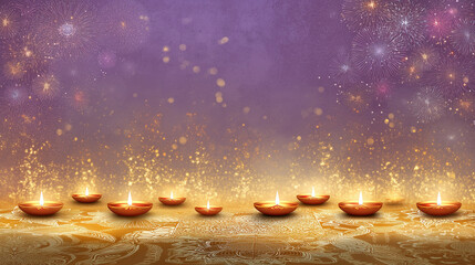 Diwali themed banner wallpaper with lit diya lamps lined up on the floor, purple to gold glittering gradient background, rangoli motifs adorning the bottom.