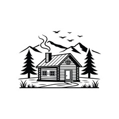 Naklejka premium House in the forest silhouette landscape vector art and illustration on a white background