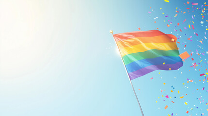 Pride themed banner wallpaper with rainbow flag fluttering in the wind, light blue to white gradient background with sunlight effect from the side