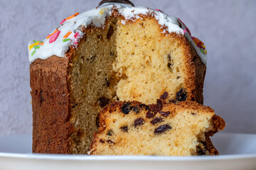 Close-up of a festive cut Easter cake.