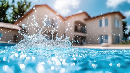 Water splashing in a pool with a house in the background. A perfect summer day.