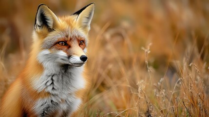 Fototapeta premium Red fox in autumnal meadow. Close-up, alert posture, natural habitat