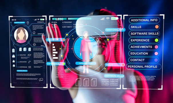 Futuristic digital interface with user data displayed, showcasing technology, innovation, and biometric identification in a corporate environment