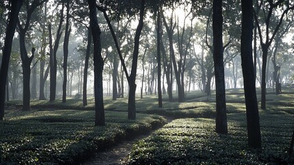 Fototapeta premium Misty dawn path through tea plantation forest