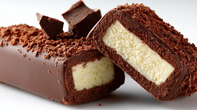 A stick of creamy kulfa ice cream with a rich, chocolatey coating is displayed against a pristine white background