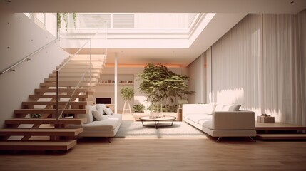 Fototapeta premium interior home with minimal furnishings and decor light wood floor, stairs, sofa chair, white walls