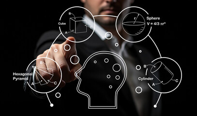 Conceptual Illustration of Mathematical Formulas and Shapes with Business Professional Pointing at...