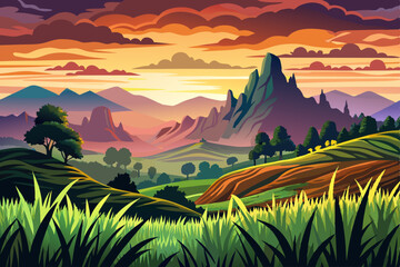 Silhouettes Rural hills landscape vector background sunset sky, Amazing Horizon Meadows and trees