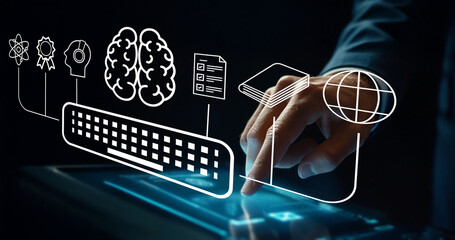 Futuristic digital interface showcasing technology, brain graphics, keyboard interaction, and global connectivity in an office environment