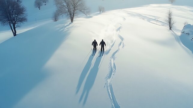 A couple skiing side by side down a gentle snow-covered slope, leaving a trail of tracks in the powder as they move gracefully through the winter landscape.