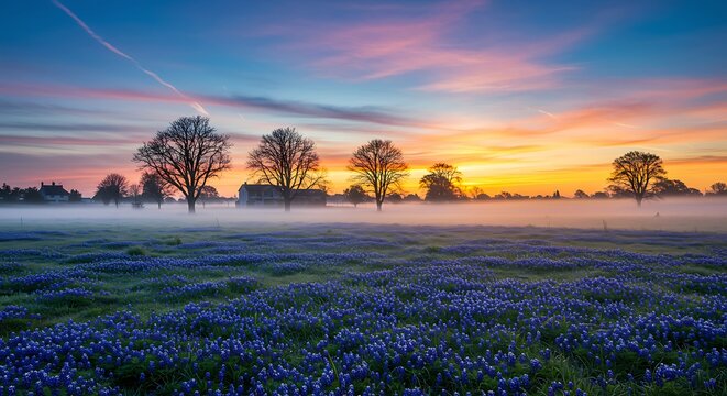 A stunning sunset casts warm hues over a lush field filled with blue flowers. Silhouetted trees add depth to the serene landscape, creating a peaceful atmosphere at dusk