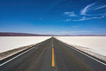 Naklejka premium Long straight road stretching across a vast desert landscape under a clear blue sky