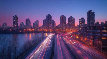 Fototapeta premium Night Cityscape: A Breathtaking Twilight View of Skyscrapers and City Highway