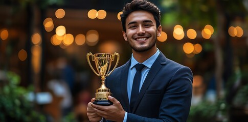Smiling Man Holding Golden Award Trophy Success Achievement