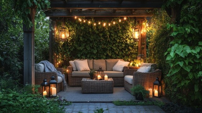 Cozy outdoor living room with string lights and lanterns at dusk. Good for home decor, lifestyle content, and summer backyard events.