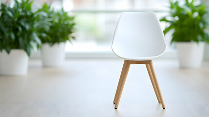 White Plastic Chair with Light Wooden Legs in a Bright Room