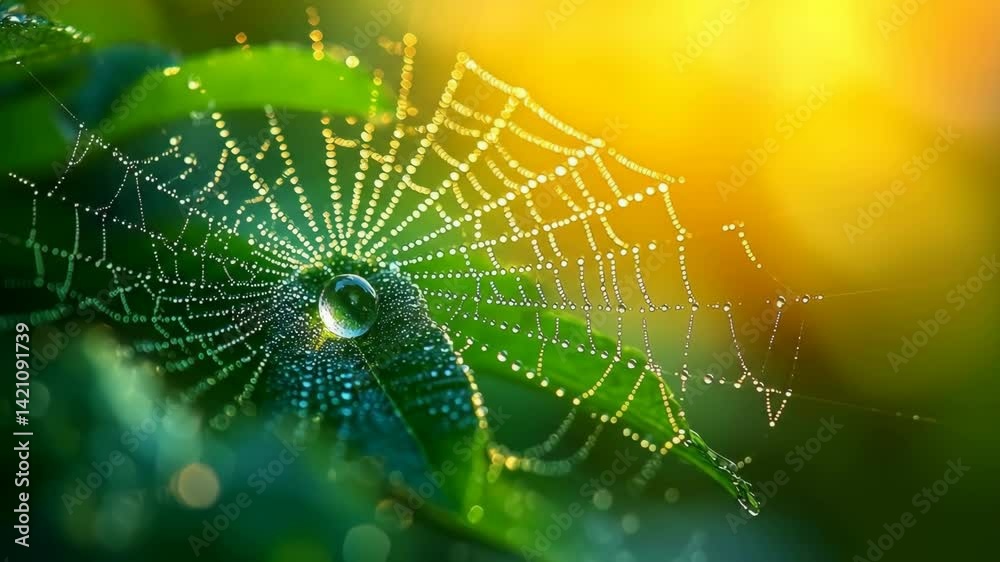 Canvas Prints spider web covered in dew droplets shines bright in magical golden hour light. atmospheric macro vid