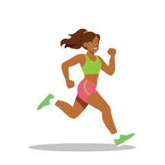 Portrait of a girl with dark skin color who runs, flat style, isolate on white background, healthy lifestyle