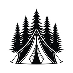 Obraz premium Dark silhouette of a pitched tent with an open flap, Art & Illustration on a white background