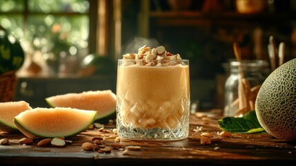 Obraz premium Refreshing melon smoothie topped with nuts