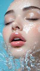 Surreal facial art with liquid makeup waves underwater setting portrait photography vibrant aesthetics close-up view visual conceptualization
