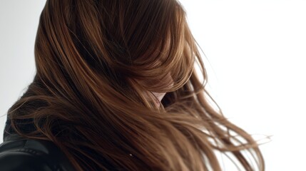 Beautiful model girl with Brown hair strand,silky healthy chestnut wavy hair strand,hair wavy ribbon, with smooth,Keratin straightening,Treatment,straight long hair,procedures,Smooth hairstyle.