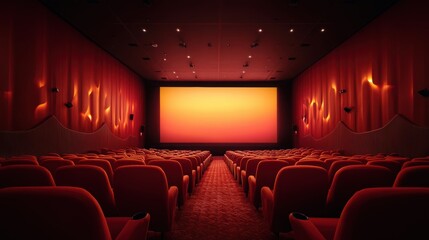 People in the cinema auditorium with Cinema blank wide screen and red chairs in the cinema hall,People silhouettes watching movie performance,empty white screen,space for text,copy space.