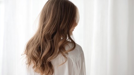 Beautiful model girl with Brown hair strand,silky healthy chestnut wavy hair strand,hair wavy ribbon, with smooth,Keratin straightening,Treatment,straight long hair,procedures,Smooth hairstyle.