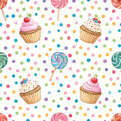 Design a cheerful 2D background featuring a repeating polka-dot pattern of colorful cupcakes and a single, larger, central cupcake.