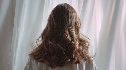 Beautiful model girl with Brown hair strand,silky healthy chestnut wavy hair strand,hair wavy ribbon, with smooth,Keratin straightening,Treatment,straight long hair,procedures,Smooth hairstyle.