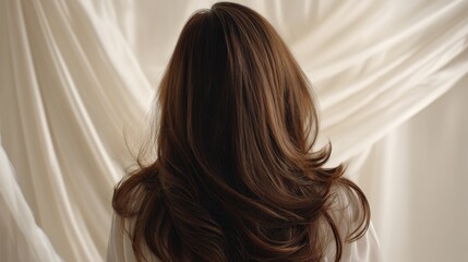 Beautiful model girl with Brown hair strand,silky healthy chestnut wavy hair strand,hair wavy ribbon, with smooth,Keratin straightening,Treatment,straight long hair,procedures,Smooth hairstyle.