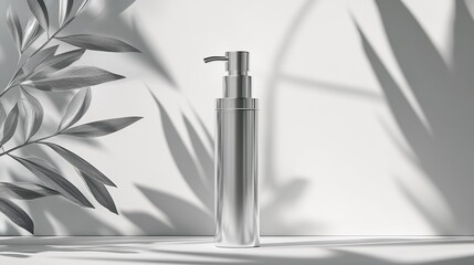 Elegant silver pump bottle product mockup with leaf shadows 3d grey clean white style image light