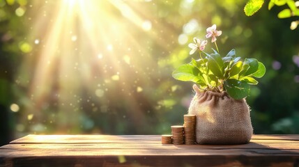 Public park with sunlight beaming on wooden table holding stacked coins and bag with plant