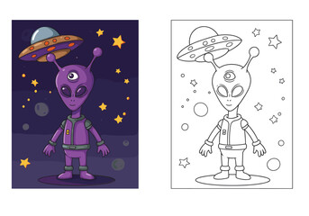 Cute purple alien character with UFO in a starry space scene. Coloring book or page with colored example.