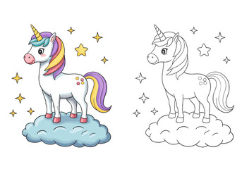 Cute unicorn standing on a cloud with stars in a whimsical style. Coloring book or page with colored example.