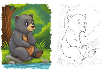 Cartoon bear sitting thoughtfully by the river in a forest. Coloring book or page with colored example.