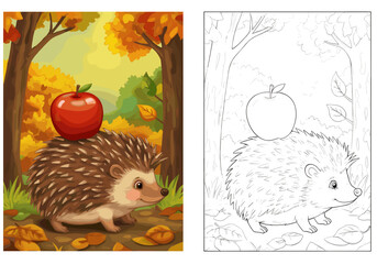 Colorful hedgehog carrying an apple in a vibrant autumn forest. Coloring book or page with colored example.