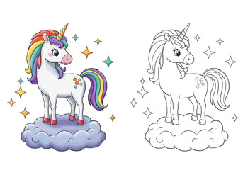 Colorful unicorn illustration with a rainbow mane on a cloud. Coloring book or page with colored example.