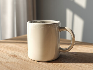 Minimalist White Ceramic Mug on Wooden Table with Soft Natural Light