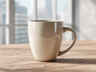 Fototapeta premium Minimalist White Ceramic Mug on Wooden Table with Soft Natural Light