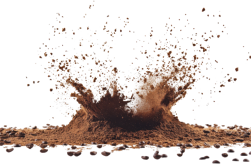 Powder blast of ground coffee or cocoa suspended in air over a pure white background