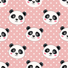 Design a charming 2D background featuring a repeating polka dot pattern composed of adorable panda faces.  Use varied expressions.