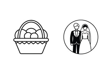 Wedding Icons Featuring Marriage Couple In Circle And Gift Basket Outline