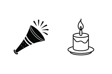Celebration Elements Horn And Cake With Candle Black And White Minimalistic Design